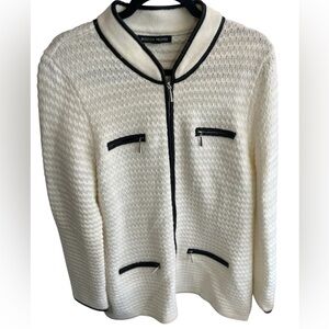 Boston Proper Cream Knit Zip Cardigan with Black Trim